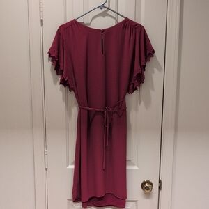 LOFT Burgundy Mini Dress with Lace Sleeves And Adjustable Waist!